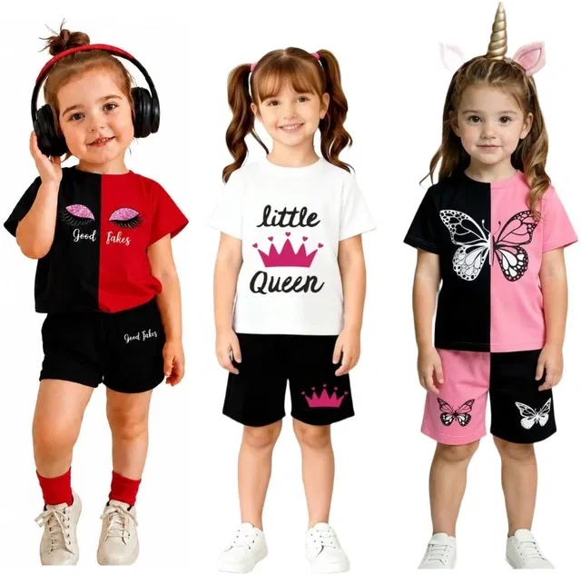 Graphic Print Cotton Blend Clothing Set for Girls (Multi, 5-6 Y)