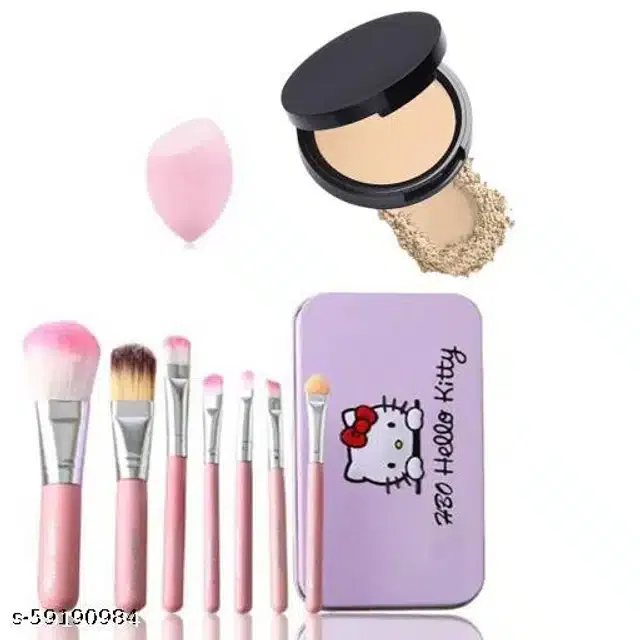 Compact with Makeup Blender & 7 Pcs Brushes (Multicolor, Set of 3)