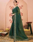Chiffon Solid Saree For Women, Green