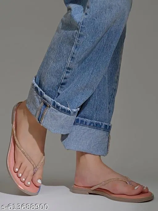 Shoetopia Peach Embellished Flat Sandals (Size IND-9)