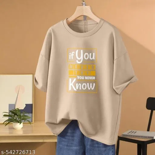 Cotton Blend Printed T-Shirt for Women, Beige (XS)