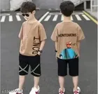 Hosiery Cotton Printed Clothing Set for Kids, Beige & Black 