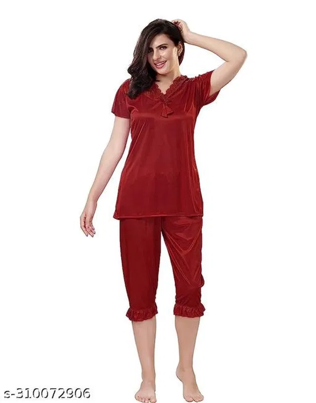 Satin Nightsuit Set for Women (Maroon, L)