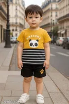 Hosiery Cotton Printed Clothing Set for Kids, Yellow & Black 