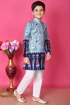 Dupion Silk Printed Kurta with Payjama for Boys, Blue 