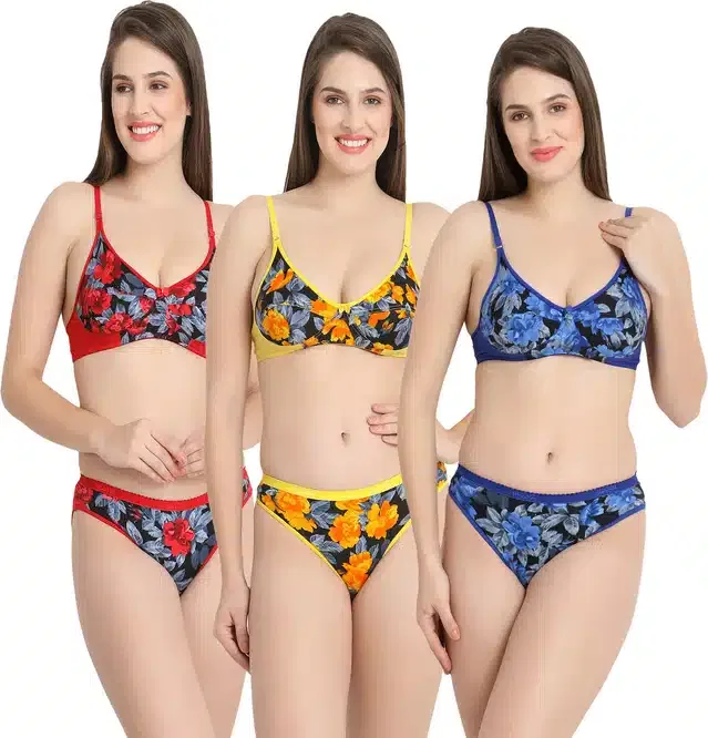 Cotton Blend Lingerie Set for Women (Multicolor, 34) (Set of 3)