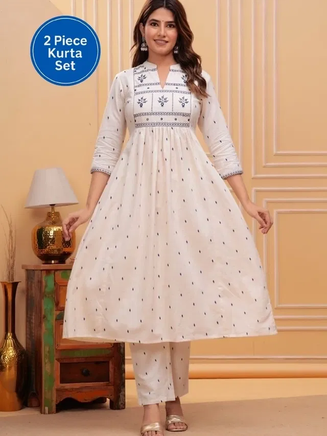 Rayon Embroidered Anarkali Women's Kurta with Pant Set (White, M)