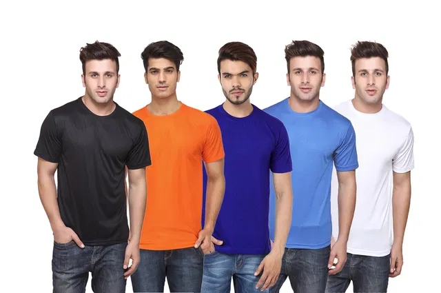 Round Neck Solid Polyester T-shirts for Men, Pack of 5 (Multi, L)