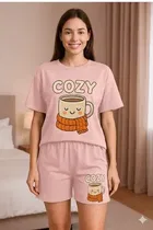 Cotton Blend Printed Top & Bottom Set for Women, Pink 