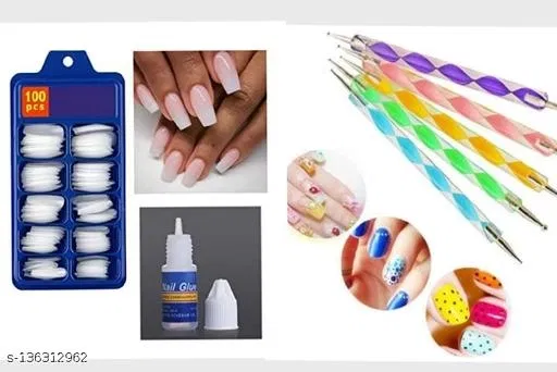 100 Pcs Artificial Nails with Glue & 5 Pcs Nail Art Dotting Pens (Set of 1)