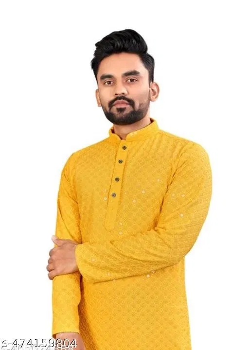 Embellished Punjabi Cotton Blend Dress for Women (Yellow, M)