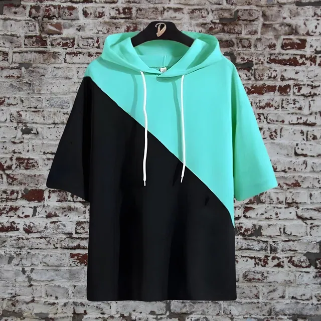 Hooded Colorblocked T-Shirt for Men (Black & Green, M)