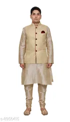 Dupion Silk Solid Kurta with Pyjama & Jacket for Men 