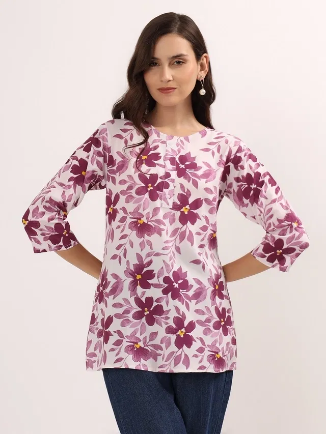 Womens Floral Print Short Rayon Kurti (White XXL)