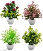 Plastic Artificial Flower With Pot,Multicolour, Set Of 4