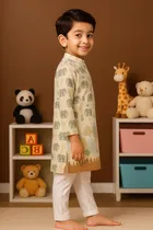 Cotton Blend Printed Kurta with Payjama for Boys, Brown & White 