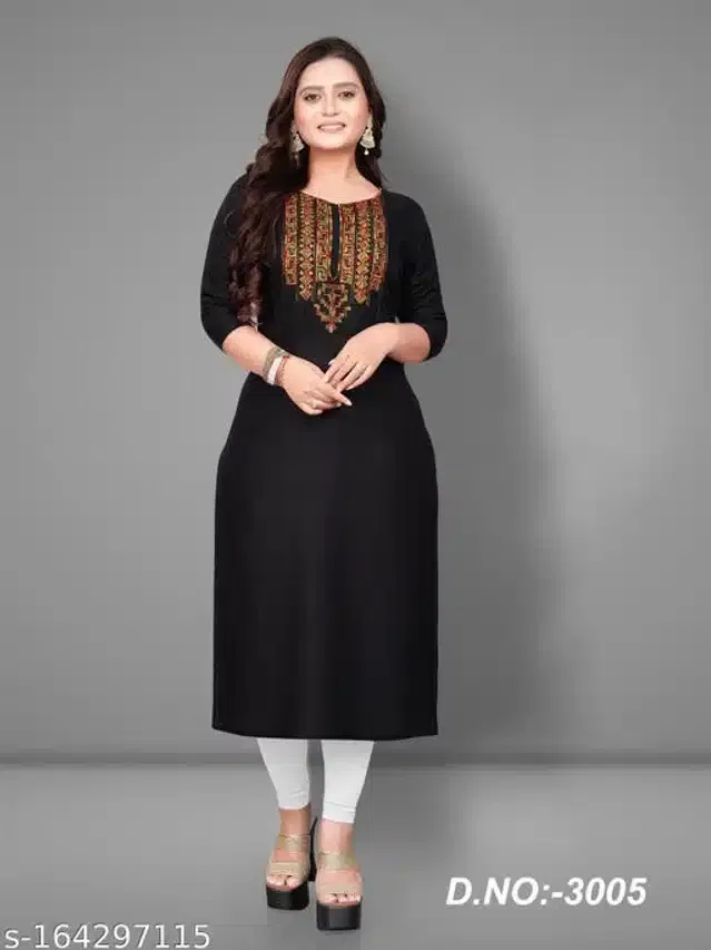 Rayon Solid Kurti for Women (Black, L)