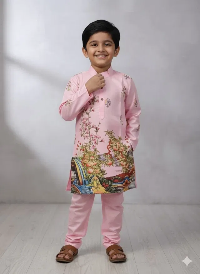 Silk Blend Printed Kurta & Payjama Set For Boys, Pink (6 - 7 Years)