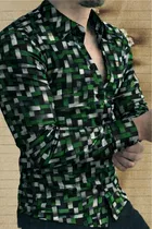 Lycra Geometric Print Shirt for Men, Green 