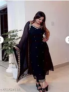 Georgette Solid Kurta & Paint & Dupatta Set For Womens, Black 