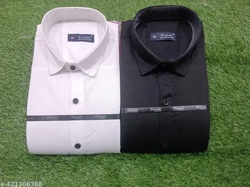 Cotton Blend Solid Shirts for Men, White & Black, Pack of 2 (L)