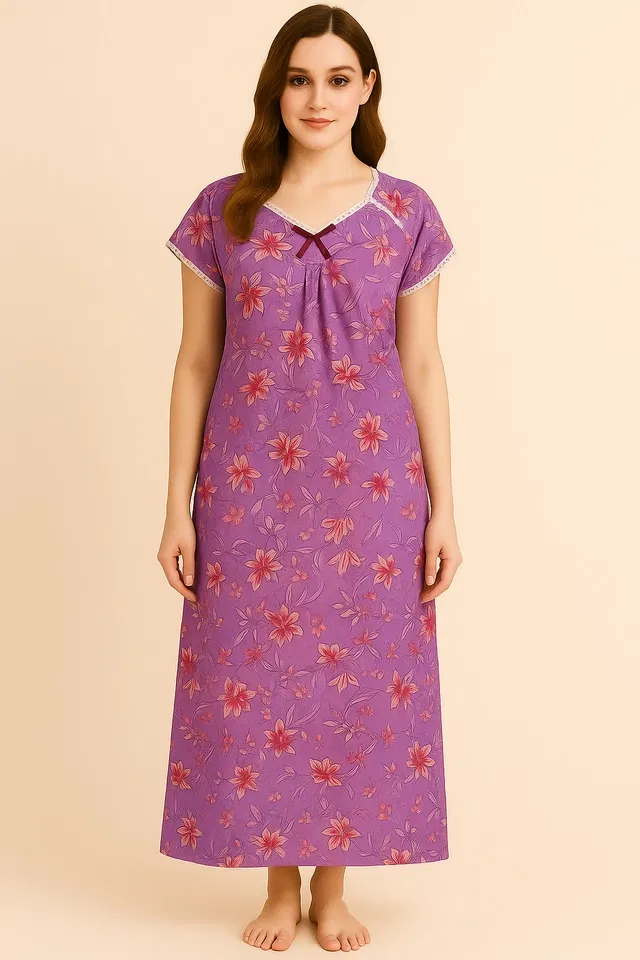 Sarina Floral Print Nightdress for Women (Purple, L)