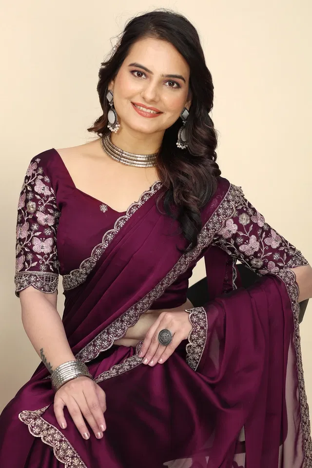 Chiffon Woven Design Saree for Women (Wine, 6.3 m)