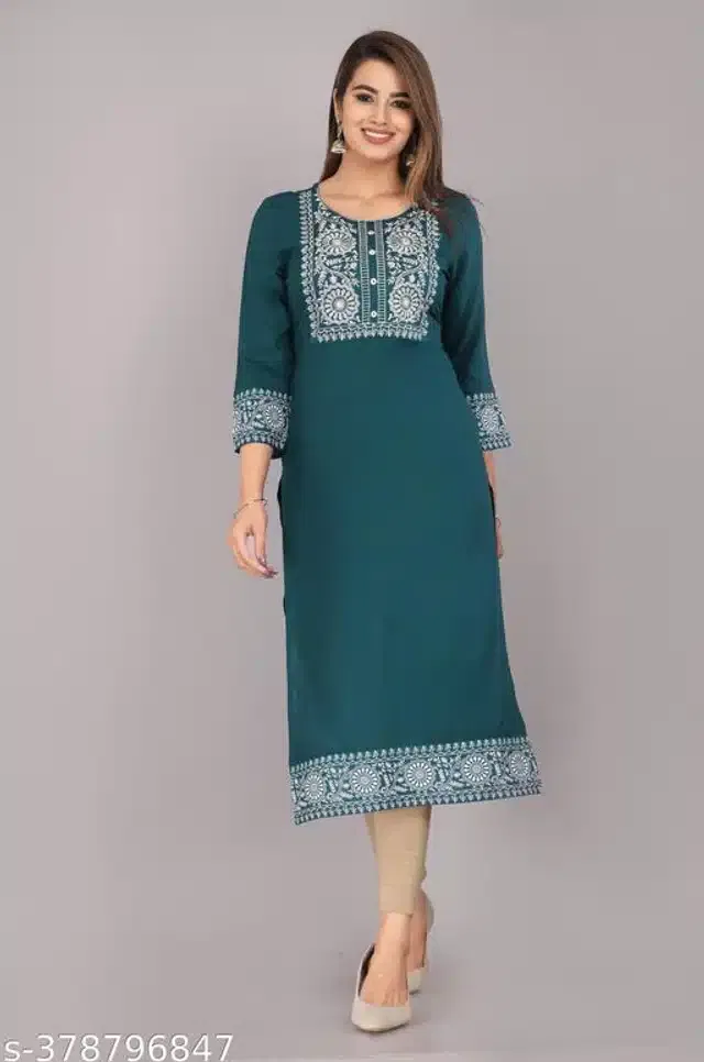 Rayon Solid Kurti for Women (Turquoise, S)