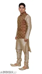 Dupion Silk Solid Kurta with Pyjama & Jacket for Men 