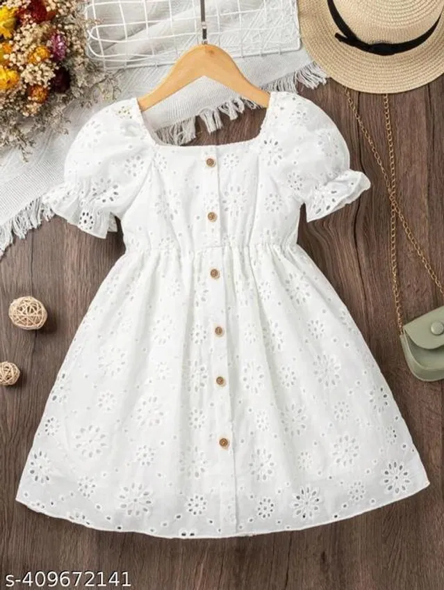 Cotton Frock for Girls (White, 9-12 Months)