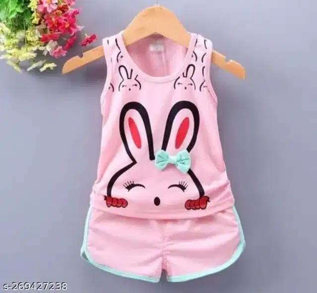 Hosiery Cotton Sleeveless T-Shirt with Pant Clothing Set for Kids (Pink, 18-24 Months)