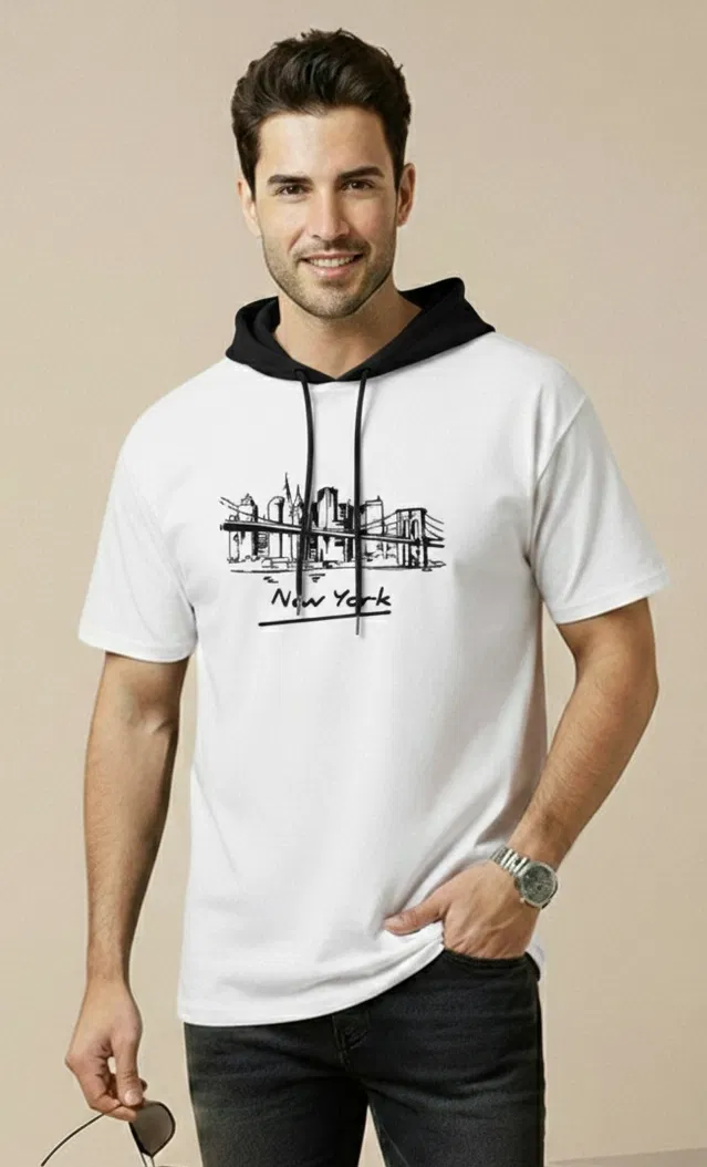 Polyester Printed T-shirt for Men, White (M)