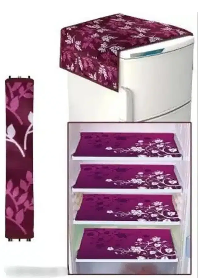 Knit Printed Fridge 4 Pcs Mat with Handle & Top Cover (Multicolor, Set of 1)