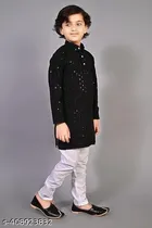 Rayon Embroidered Kurta with Pyjama for Boys (2-3 Years, Black & White)