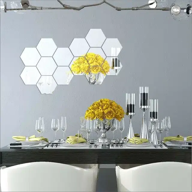 Acrylic Hexagon Shaped Wall Mirror Stickers (Silver, Pack of 14)