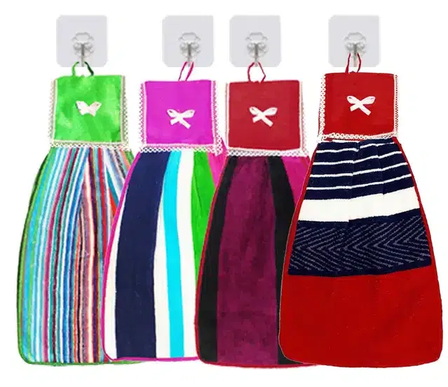 Soft Cotton Double Side Hanging Hand Towel (Multicolor, Pack of 4)