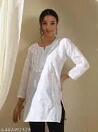 Cotton Chikankari Short Kurti for Women, White 