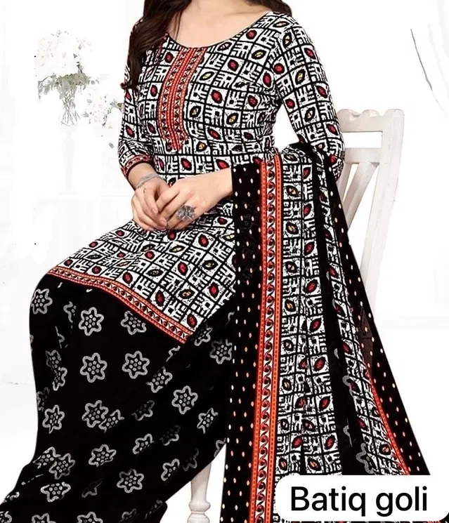 Synthetic Printed Unstitched Dress Material for Women & Girls (Black & White)