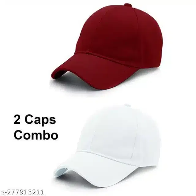 Cotton Cap for Men & Women (White & Red, Pack of 2)