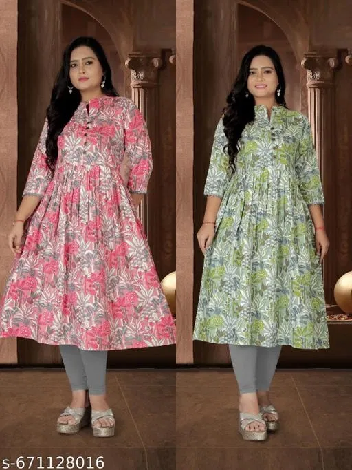 Floral Printed Cotton Kurti for Women, Pack of 2 (Pink, XL)