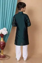 Dupion Silk Embellished Kurta with Payjama for Boys, Bottle Green & White 