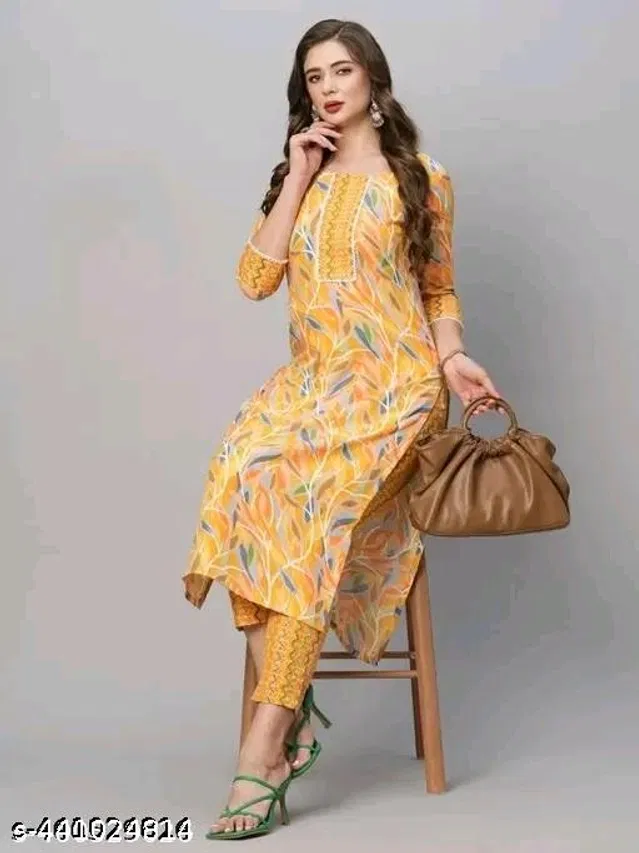 Cotton Blend Printed Kurti with Pant for Women (Yellow, XL)