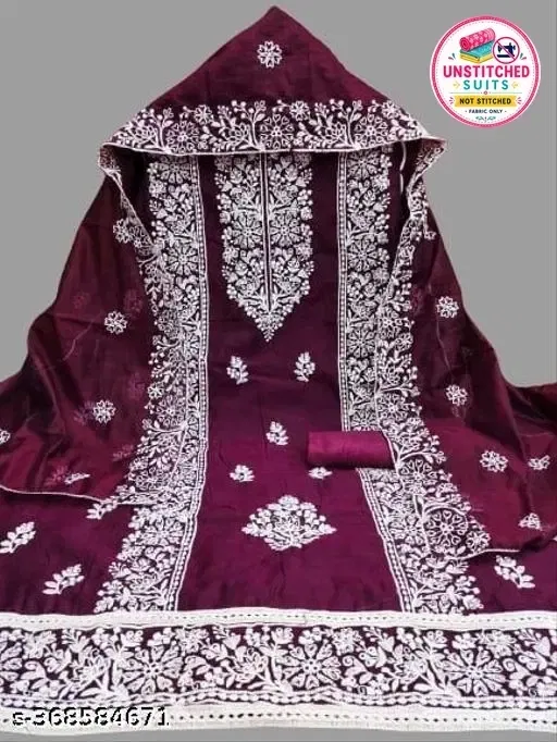 Chanderi Cotton Embroidered Punjabi/All Over Suits for Women (Purple, Un Stitched)