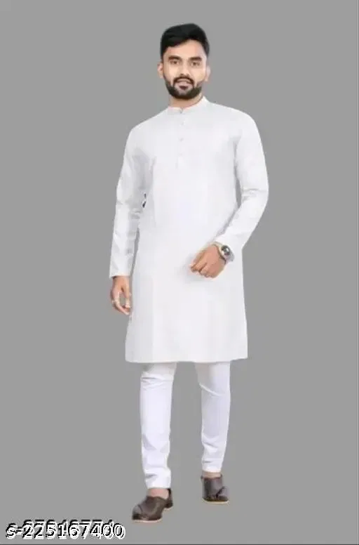 Cotton Blend Solid Kurta with Pyjama Set for Men (White, L)
