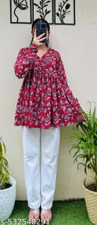 Floral Printed A-Line Flared Cotton Top for Women 