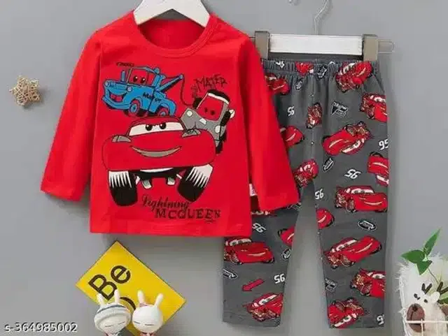 Hosiery Cotton Full Sleeves T-Shirt with Pant Clothing Set for Kids (Red & Dark Grey, 1-2 Years)