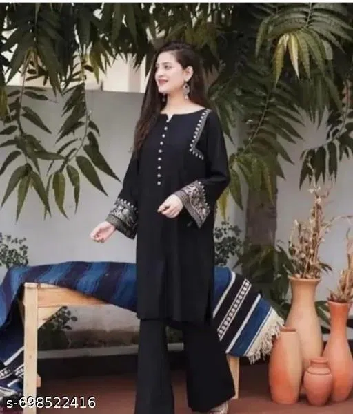 Embroidered A-line Kurta Set for Women (Black, L)