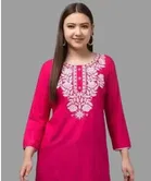 Gulab Design Cotton Embroidery Long Kurti For Women (Pink) Size (XL)