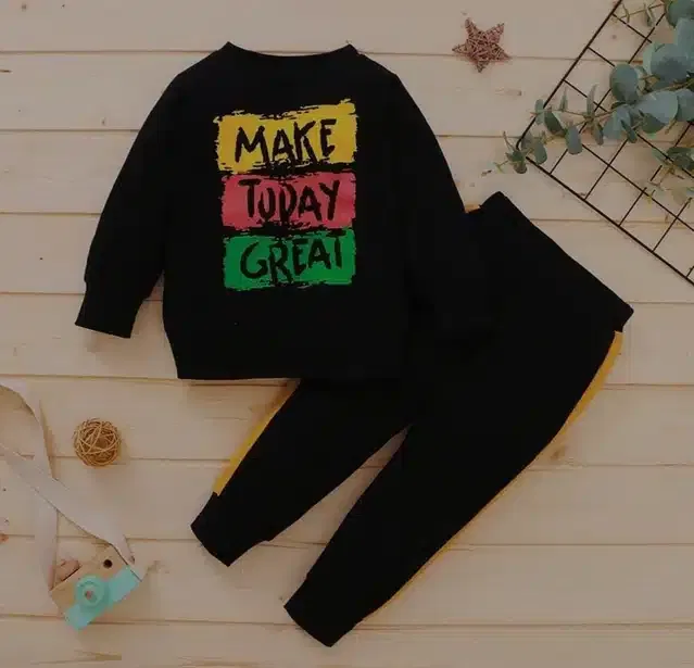 Full Sleeves Printed Top & Bottom Set for Kids (Black, 18-24 Months)