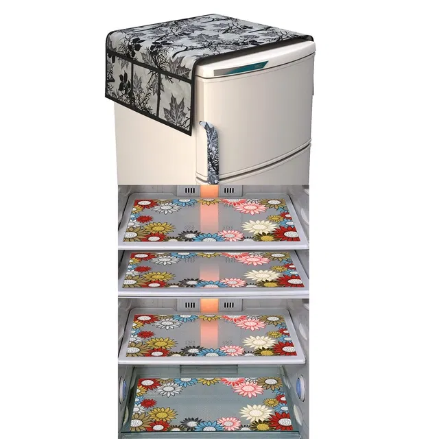 PVC Fridge Top Cover with 4 Pcs Shelf Mat (Multicolor, Set of 5)